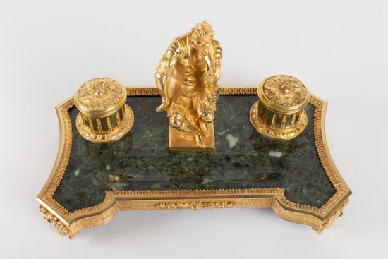 Gilt Bronze And Green Marble Inkwell Representing The Thinker After Michelangelo