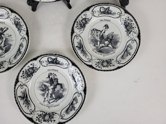 Set of 6 plates Creil and Montereau Masked ball XIXth century