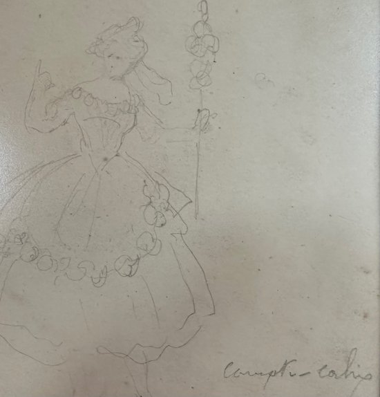 Watercolor and drawing of F. Compte-Cadix, " Girl with tambourine", XIXème