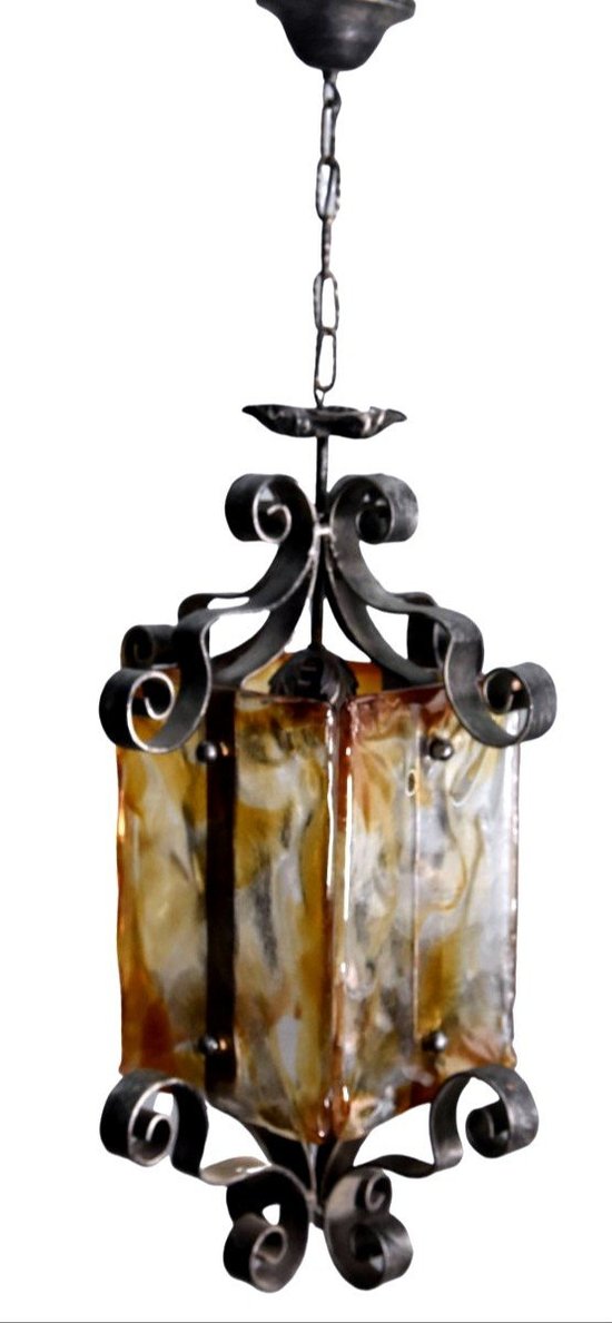 set of 3 Wrought Iron Outdoor Lanterns Colorful Glass Face