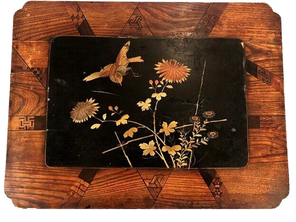 Set of three nesting tables, lacquered and decorated with birds and marquetry. Circa 1900