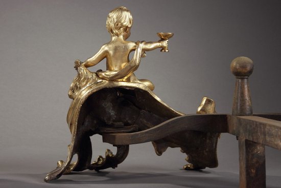 Paire De Chenets En Bronze Doré d'époque Louis XV