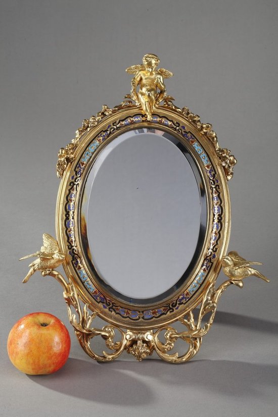 Miroir à Cadre Doré En Bronze Orné d'émaux Cloisonnés