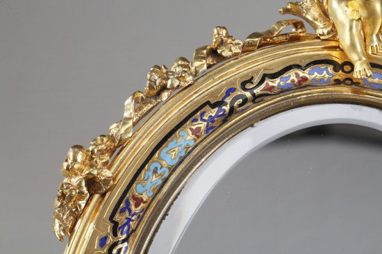 Miroir à Cadre Doré En Bronze Orné d'émaux Cloisonnés