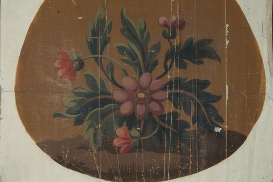 Carton of Aubusson tapestry sitting with flowers