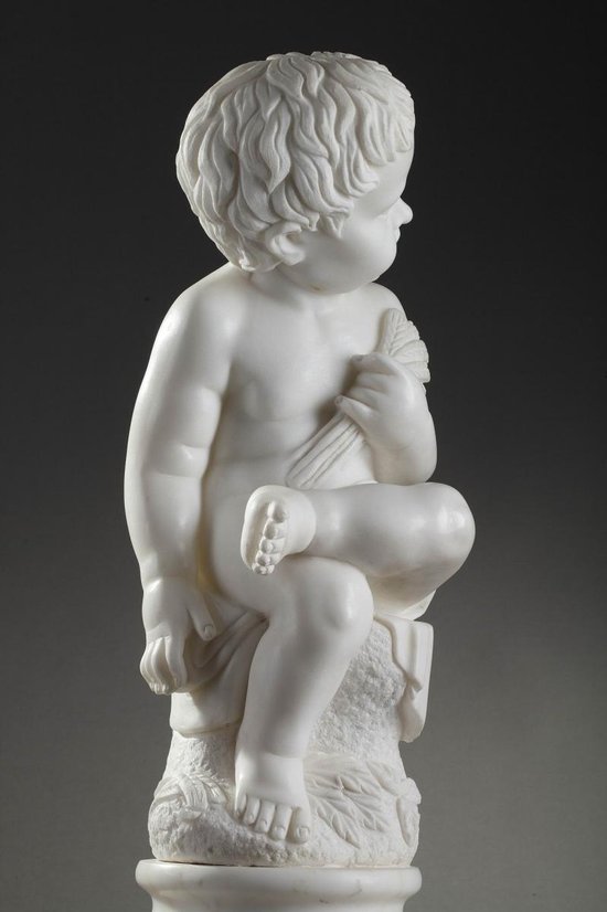 Scultura in marmo bianco "putto Aux épis De Blé" (putto con spighe di grano)