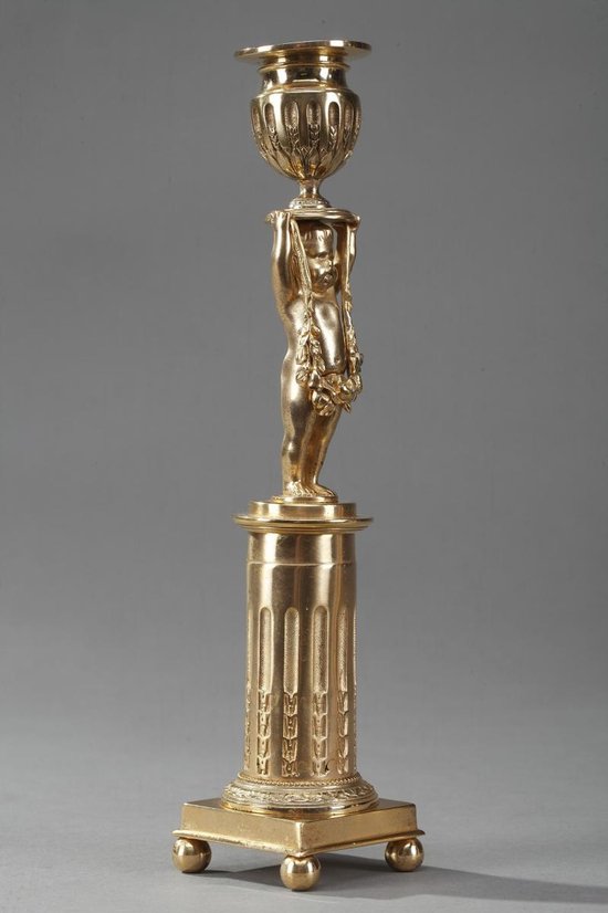 Gilded Bronze Pedestal Candleholders with Putti decoration, 19th Century