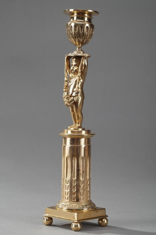 Gilded Bronze Pedestal Candleholders with Putti decoration, 19th Century