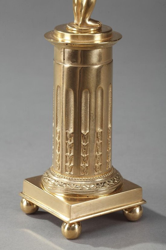 Gilded Bronze Pedestal Candleholders with Putti decoration, 19th Century