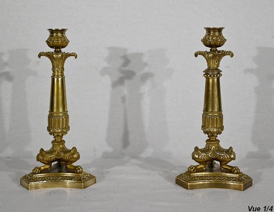 Pair of bronze candlesticks, Restoration period - Early 19th century