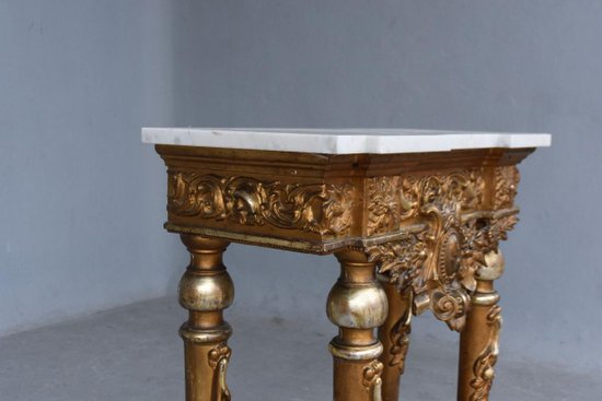 Console Wood And Golden Stucco Top Marble Late Nineteenth Time