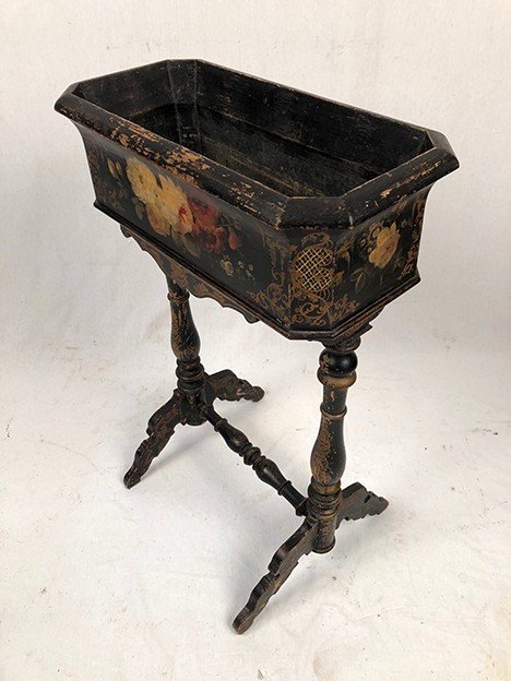 Planter in blackened wood with painted flowers, Napoleon III period