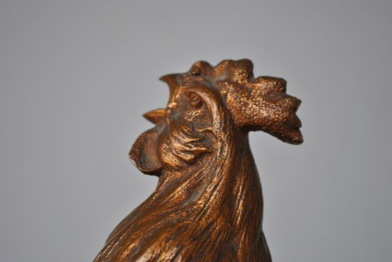 Le Coq Français Edouard Drouot Bronze Patine Dorée Socle Marbre Vert             