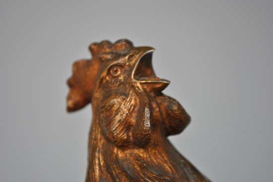 Le Coq Français Edouard Drouot Bronze Patine Dorée Socle Marbre Vert             