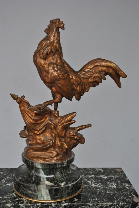 Le Coq Français Edouard Drouot Bronze Patine Dorée Socle Marbre Vert             