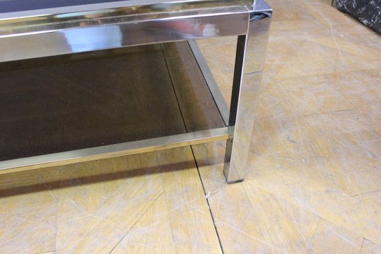 Grande Table Basse En Chrome Et Métal Doré Entourage De Willy Rizzo Vers 1970