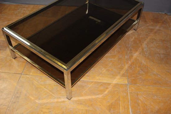 Grande Table Basse En Chrome Et Métal Doré Entourage De Willy Rizzo Vers 1970