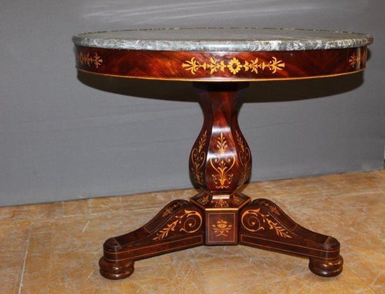 Charles X Mahogany And Light Wood Marquetry Pedestal Table XIX