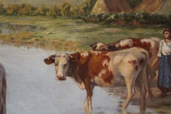 Oil On Canvas Representing Cows At The Edge Of The Pond About 1900