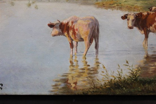 Oil On Canvas Representing Cows At The Edge Of The Pond About 1900