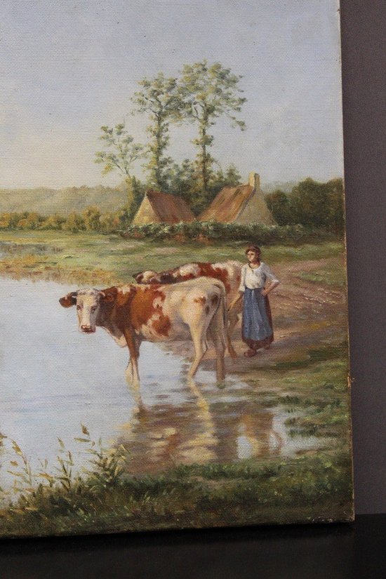 Oil On Canvas Representing Cows At The Edge Of The Pond About 1900