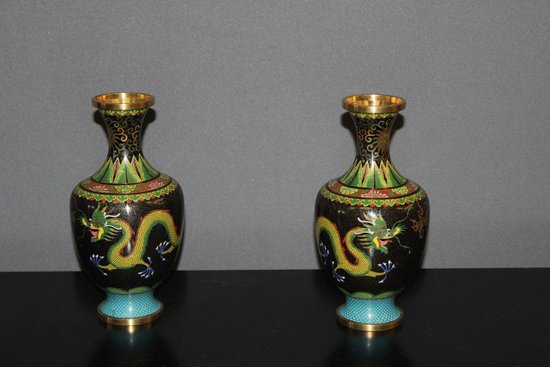 Pair Of Chinese Cloisonné Vases Dragon Décor About 1900