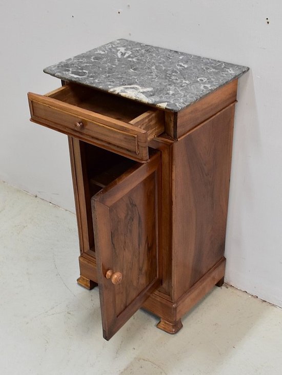 Small solid walnut bedside table with Ste Anne marble - 1900