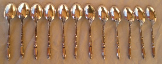 Box 12 mocha spoons + silver sugar tongs "Russian style" handles ERCUIS (ref MA 0475)