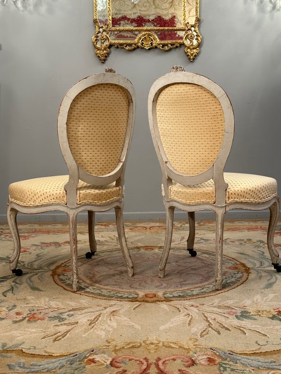 Paire De Chaises De Style Louis XV En Bois Laque Epoque XIXeme