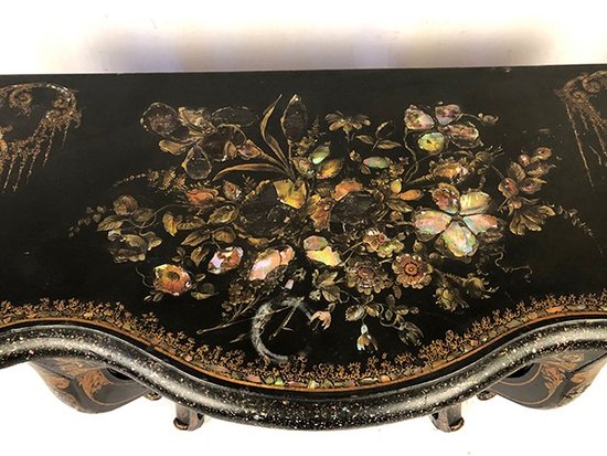 Large Napoleon III console, blackened wood with rich painted and burgundy decoration