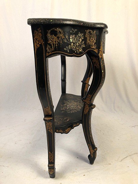 Large Napoleon III console, blackened wood with rich painted and burgundy decoration