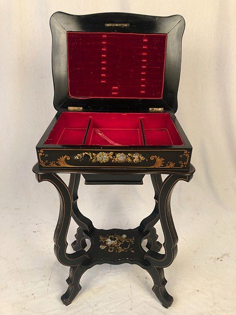 Napoleon III work table, burgundy blackened wood