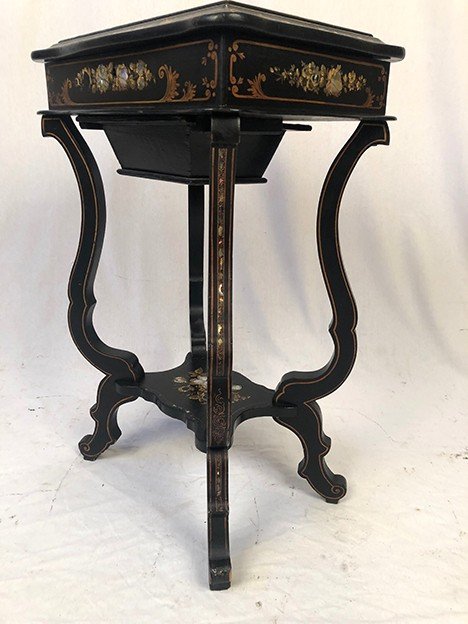 Napoleon III work table, burgundy blackened wood