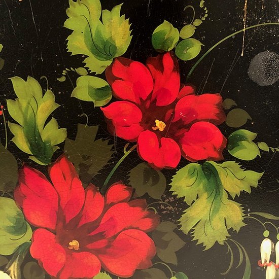 Black lacquered sheet metal tray with flower decoration