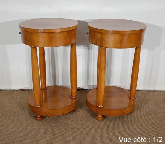 Pair of small cherry wood pedestal tables, Empire style - Mid 20th century