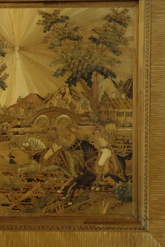 Large Table Of Straw Marquetry Hunting In The Early 19th Century