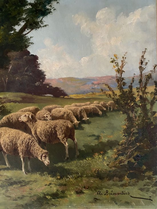 "Sheep in a meadow". Oil on canvas XIXth century. A. Brémontier. Barbizon.