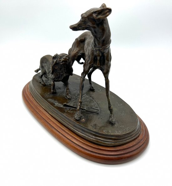 Animal bronze statue Greyhound dog and King Charles with a fan by Pierre-Jules Mène 19th