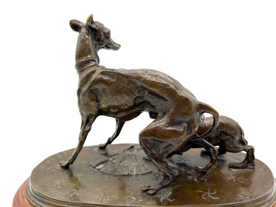 Animal bronze statue Greyhound dog and King Charles with a fan by Pierre-Jules Mène 19th