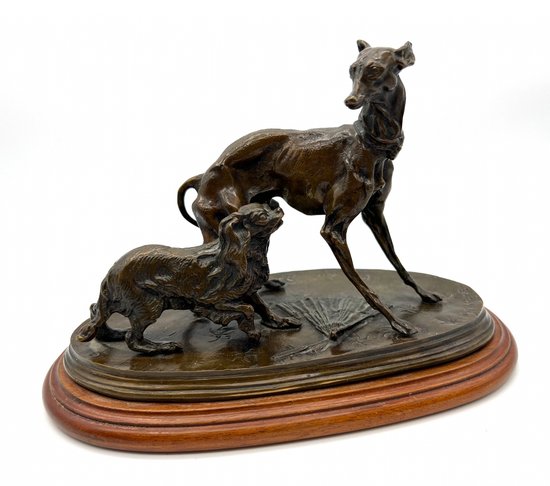 Animal bronze statue Greyhound dog and King Charles with a fan by Pierre-Jules Mène 19th