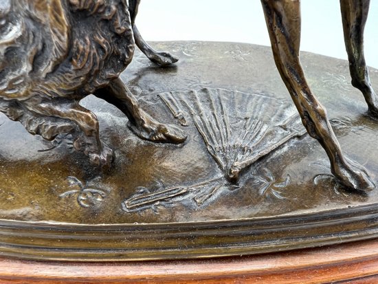 Animal bronze statue Greyhound dog and King Charles with a fan by Pierre-Jules Mène 19th