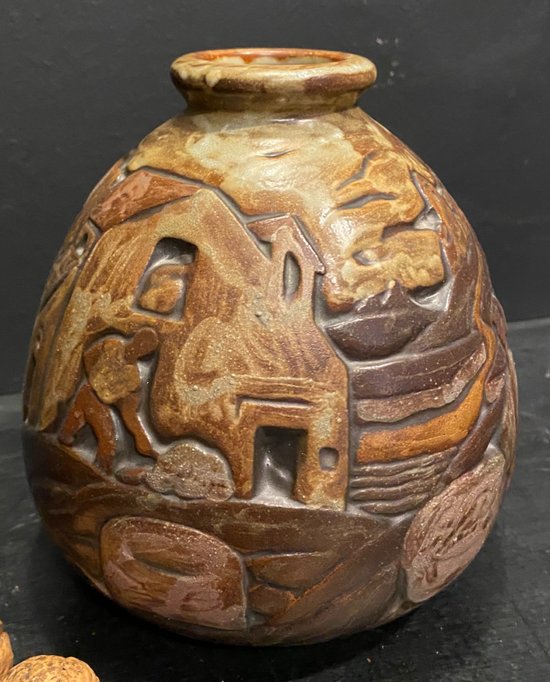 Enamelled sandstone vase signed Mougin