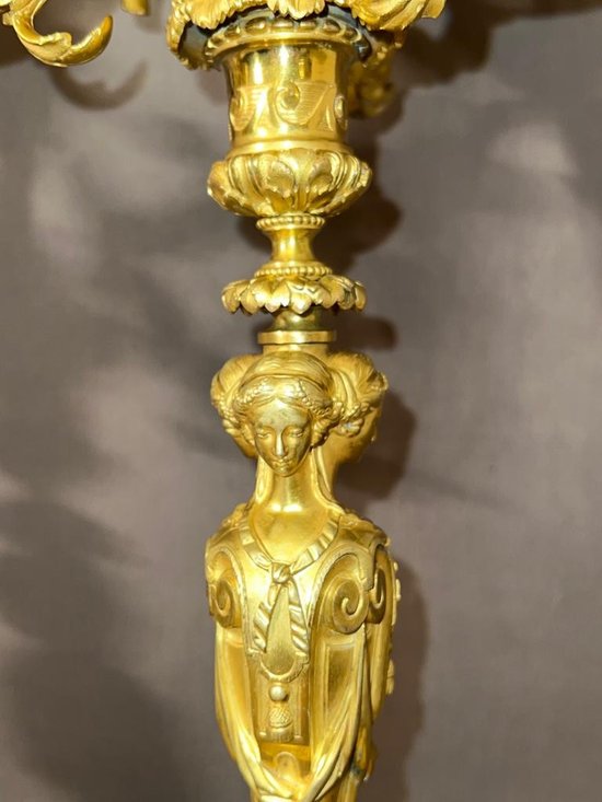 Pair of important candelabras in gilded bronze in the Louis XVI style from the 19th century Detailed after a model by Pierre Gauthier