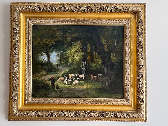 Table Oil on Canvas Painting Cows in the XIXth Forest.