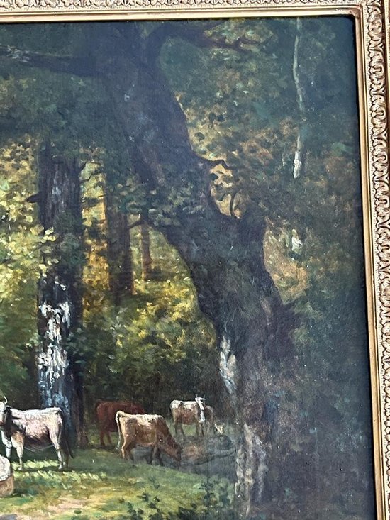 Table Oil on Canvas Painting Cows in the XIXth Forest.