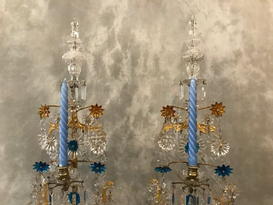 Beautiful pair of 19th century candelabra with crystals and wood