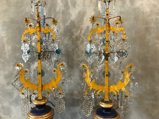 Beautiful pair of 19th century candelabra with crystals and wood