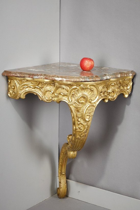 Louis XV Style Corner Console In Golden Wood And Breccia Marble Top, 19th