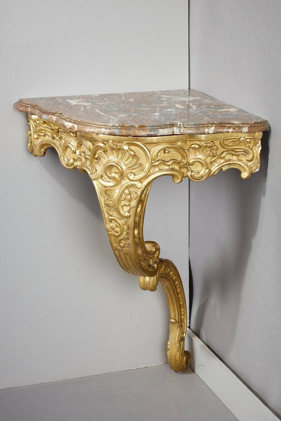 Louis XV Style Corner Console In Golden Wood And Breccia Marble Top, 19th