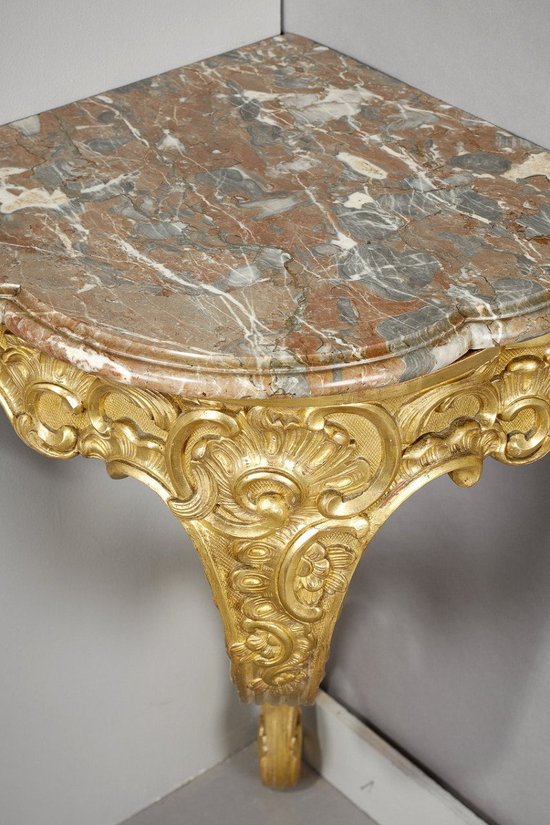 Louis XV Style Corner Console In Golden Wood And Breccia Marble Top, 19th